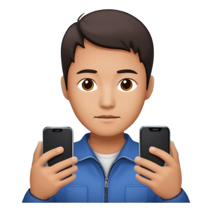a chinese holding an smartphone with both hands in landscape mode(horizontally) on top of his forehead sticker