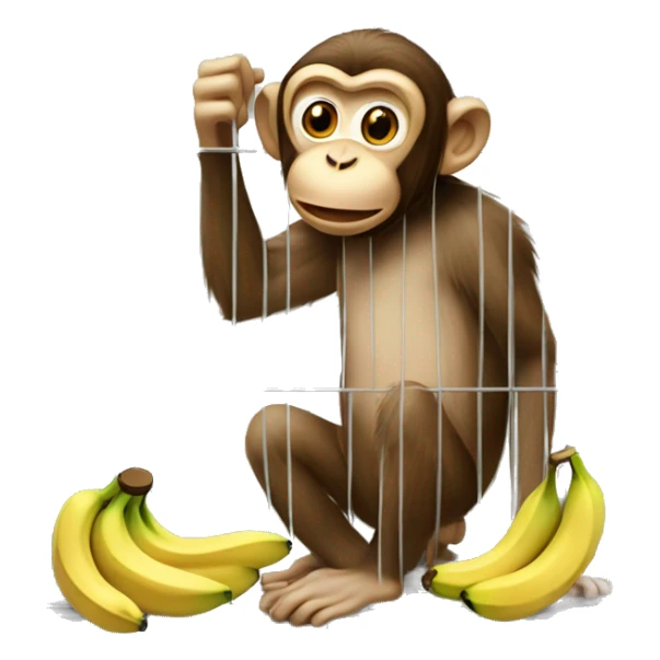 The monkey's outside. Banana inside the cage.  Monkey trying to get the banana out of the cage sticker