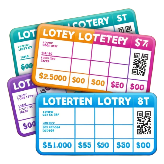 Create blank lottery coupons fanned out, clean and colorful, with different header colors and simple grid sections. No numbers, no text—just empty fields and a lottery-ticket layout. Bright, modern, and on a neutral background. sticker
