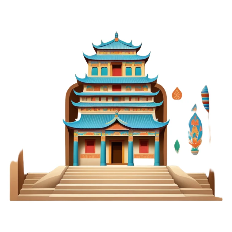 Mogao Caves Dunhuang with colorful Buddhist murals, simplified emoji style with bold outlines and bright colors, cartoon style cave entrance with paintings sticker
