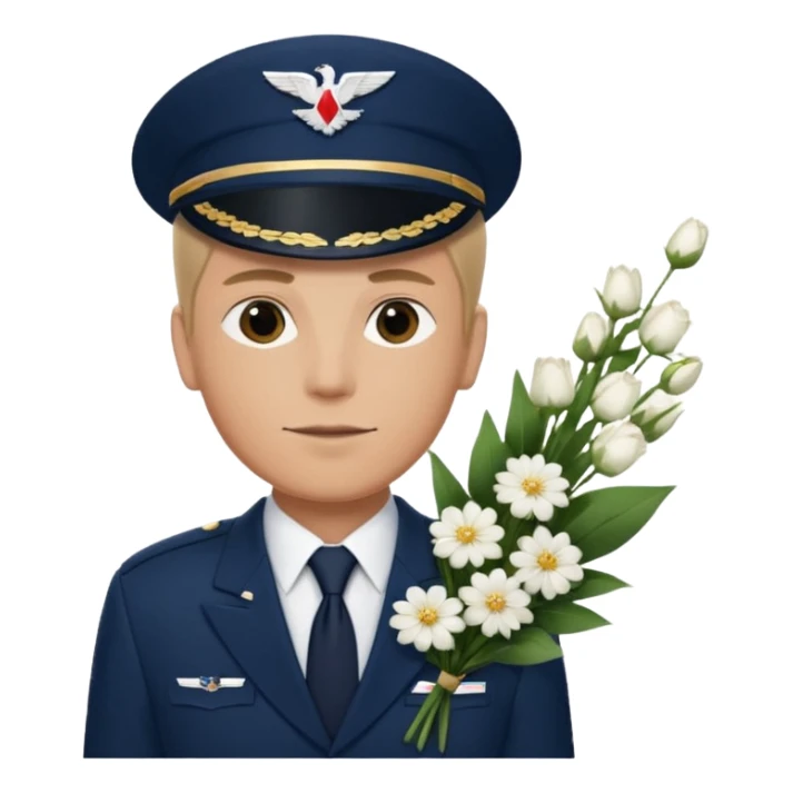 Homme avec bouquet fleurs blanches, avec uniforme bleu foncé cravate rouge comme Air France, arabe raie sur le côté sans chapeau juste insigne sans bouton manchette et un peu bronzée  sticker