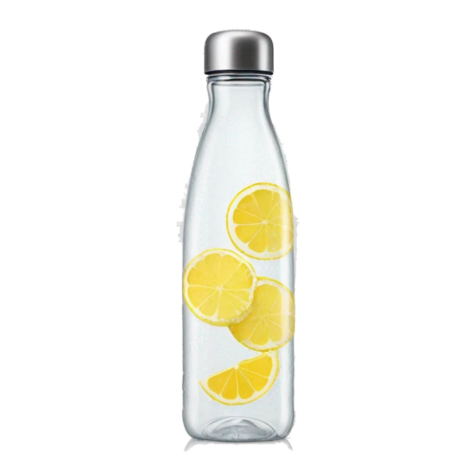 modern voss branded thin glass water bottle with lemon slices inside hyperrealistic soft textures no background sticker