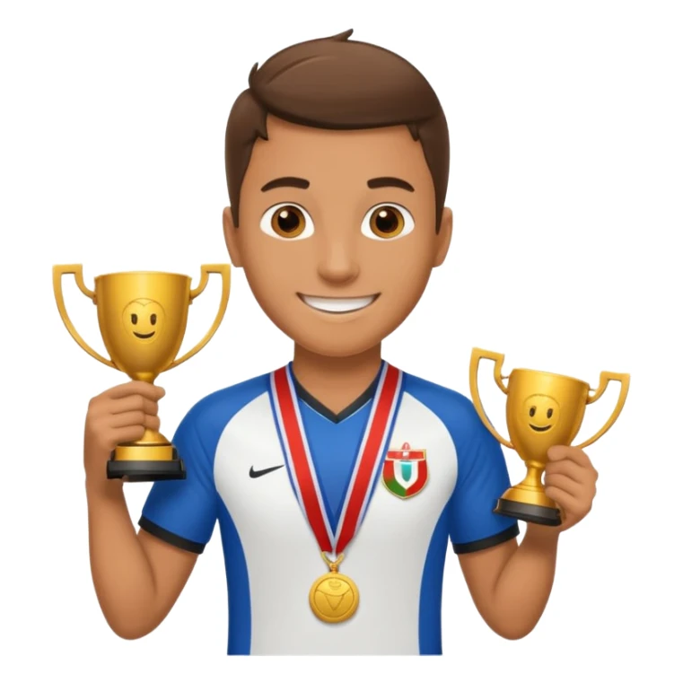 happy soccer player with a first-place medal and a trophy sticker
