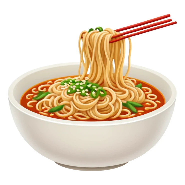 Wuhan hot dry noodles with sesame paste, simplified emoji style with bold outlines and bright colors, cartoon style Chinese noodle bowl sticker