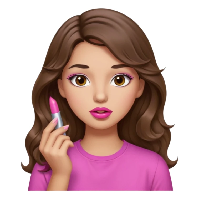 girl with long wavy brown hair, brown eyes, light to medium complexion, in a pink shirt, pink lips, long lashes, puckered lips, putting on lipstick sticker