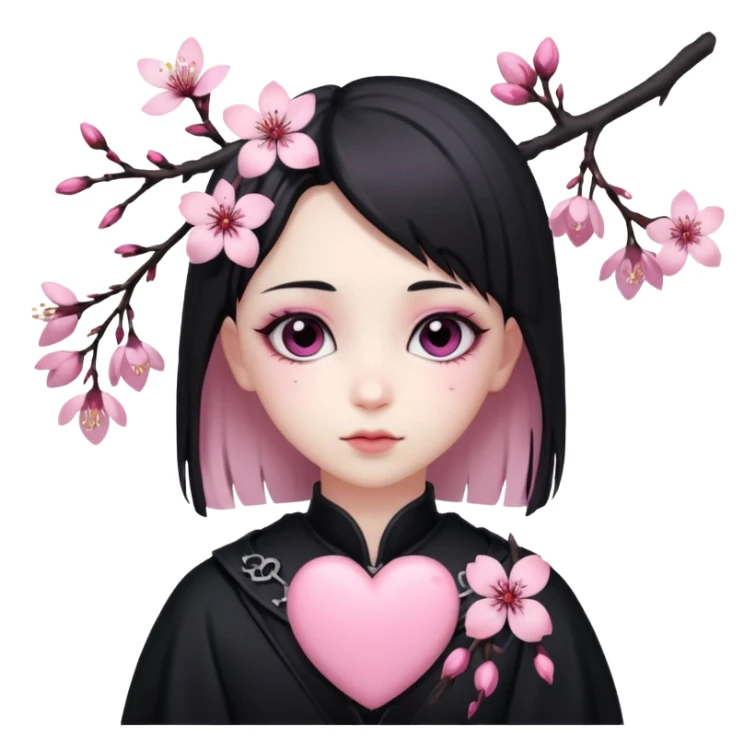 goth sakura heart, black heart with sakura branch and blossoms, pink highlights sticker