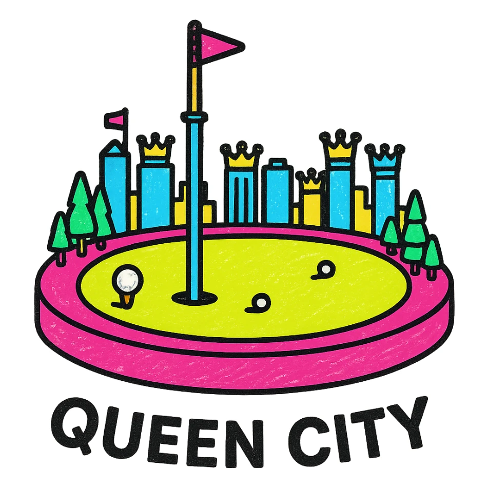 Add the text 'Queen City' in a minimalist, modern font below the emoji, keeping the fresh look. sticker