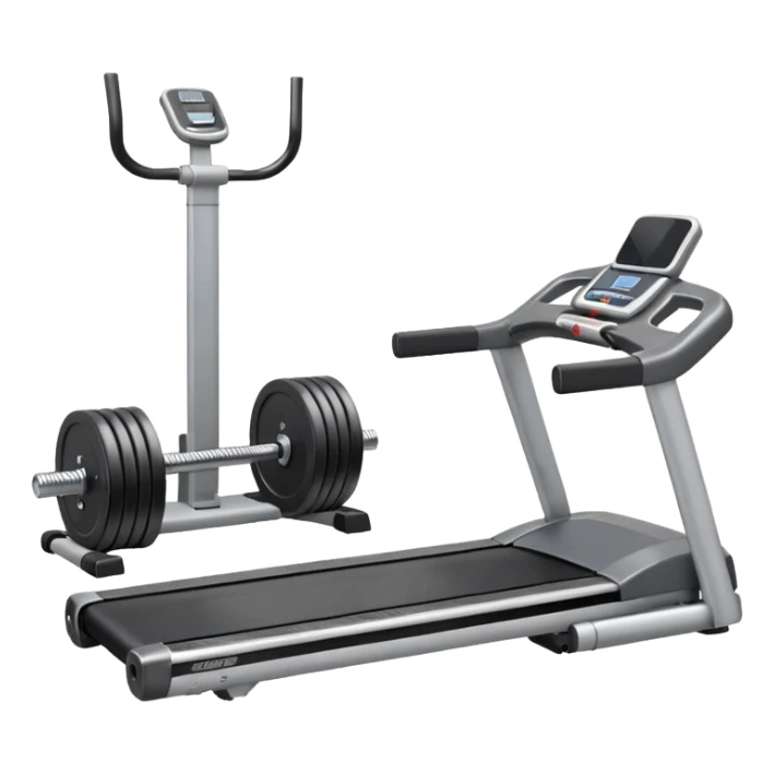 A treadmill set behind Two heavy dumbbells side by side on the floor  sticker