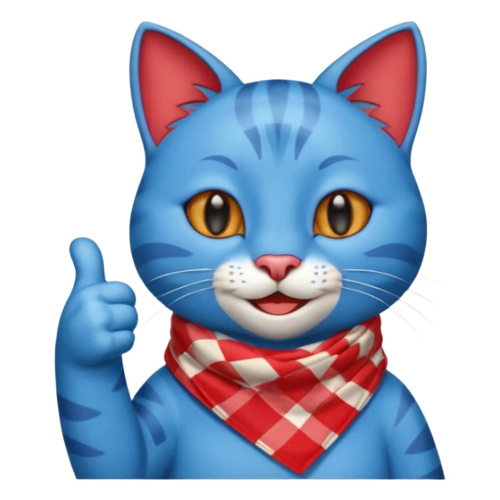 A Blue Cat smiling and giving thumbs up, wearing red Checkered Triangle scarf sticker