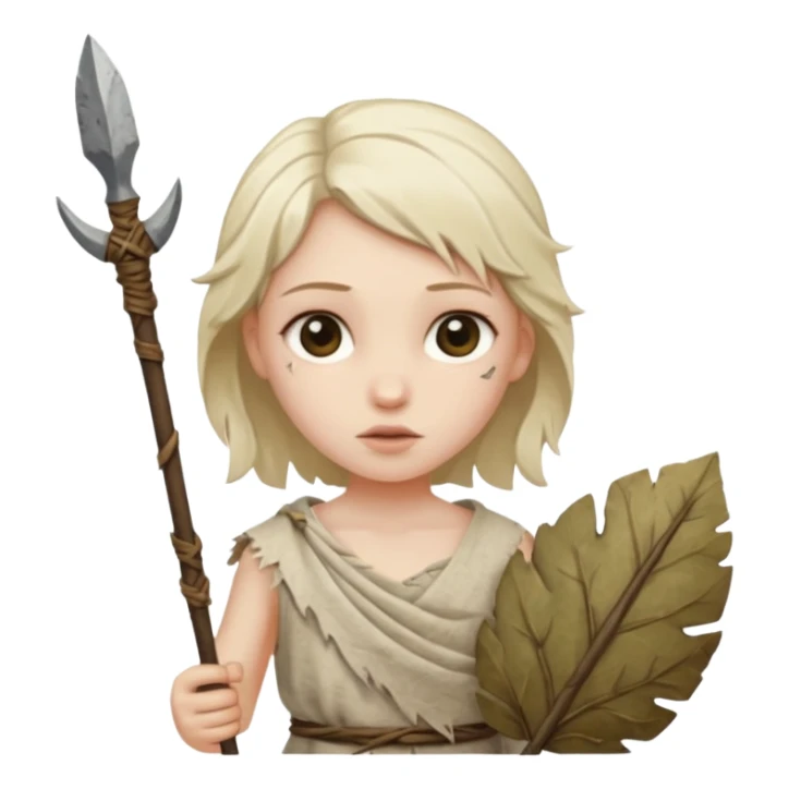 ancient girl, tattered leaf cloth, hold broken stone spear sticker