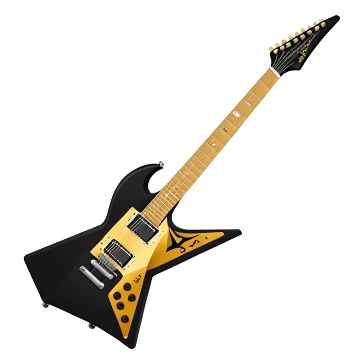 Create a bold and dynamic emoji representing the Epiphone Dave Mustaine Flying V Custom electric guitar. The design should feature the sharp, iconic V-shaped body of the guitar, with a custom finish reflecting Dave Mustaine’s signature style. Add intricate details like gold or chrome tuning pegs and pickups, with subtle graphics or patterns that reflect the aggressive, heavy metal aesthetic. Use a color palette of black, gold, and red, with a touch of metallic sheen for the high-end finish. The background should be transparent to emphasize the guitar's iconic shape sticker