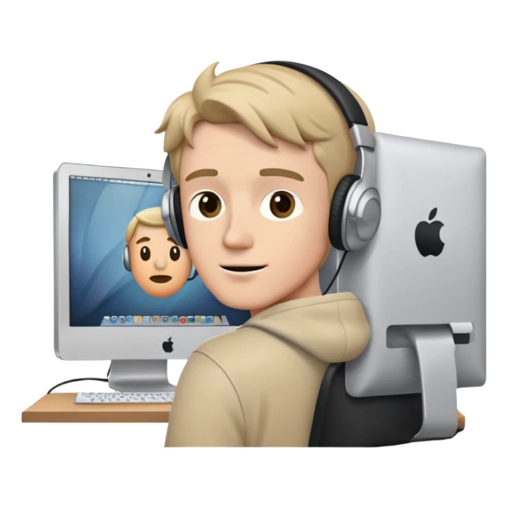 white man with headphones in front of computer mac which has a picture of cambridge sticker