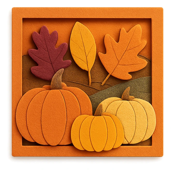 fall season scene in a square with layered leaves and pumpkins sticker