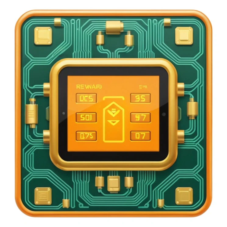 Futuristic reward points icon with PFD text in the middle, circuit board lines, Bloomberg terminal aesthetic, gold orange phosphor glow on dark background, no text, fintech style, clean edges, professional icon design sticker