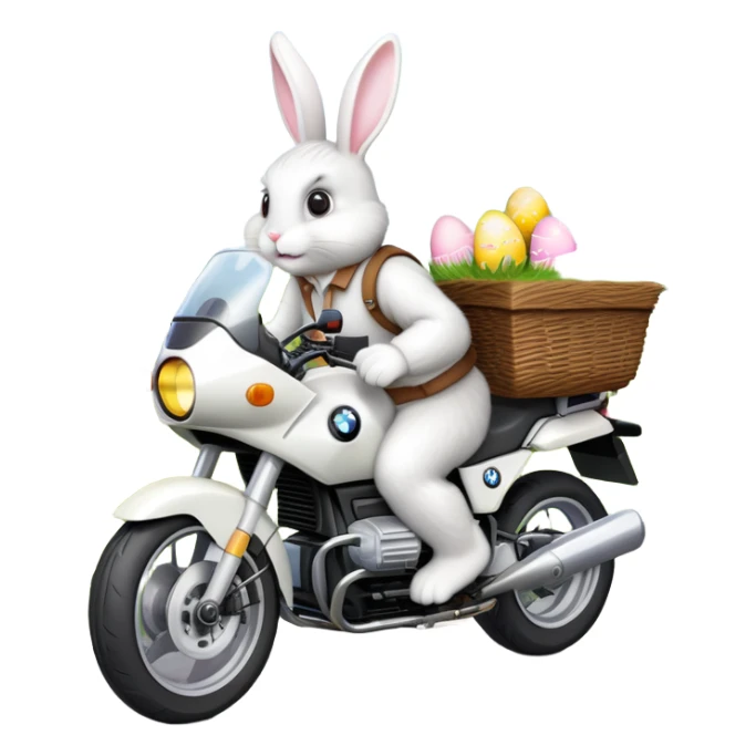 Easter bunny riding a BMW boxer motorcycle with trees and grass in the background, colorful Easter eggs hidden in the grass, and more bunnies watching from the side of the road sticker