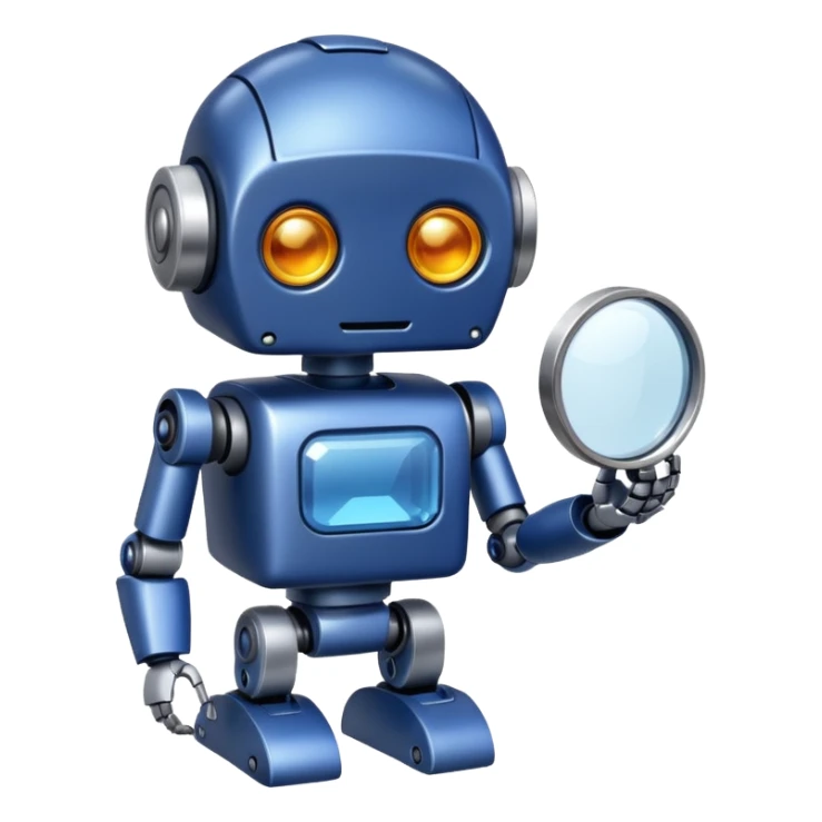 A little robot with a looking glass in indigo-500 sticker