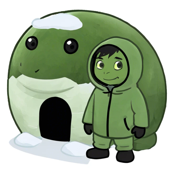 White guy with black hair in Eskimo suit next to igloo sticker