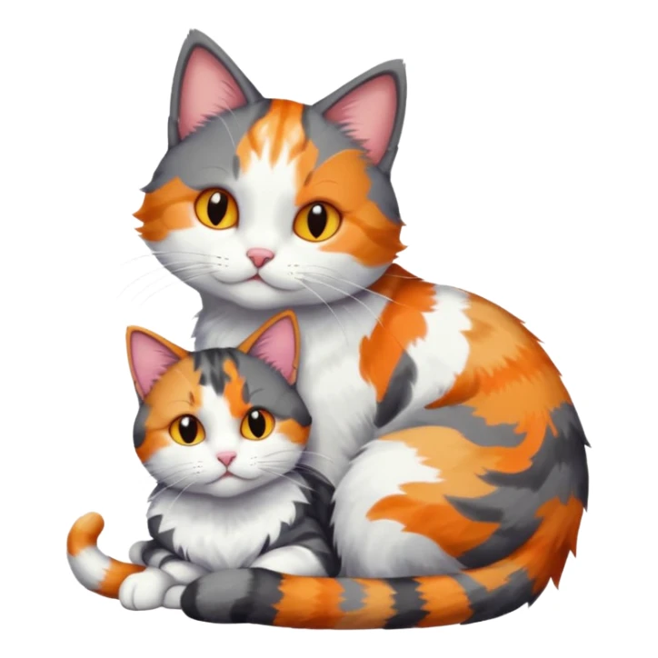 full body large dark grey and white cat cuddling a colourful light patched calico + white tabby cat  sticker