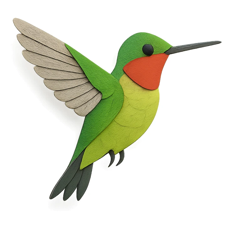 ruby-throated hummingbird, layered paper details, vivid green and red plumage, wings in motion, delicate pose sticker