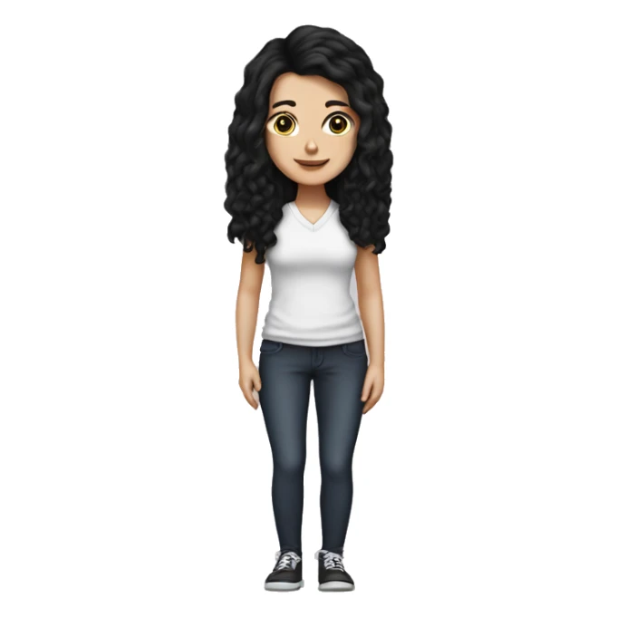 a white girl with black hair with 2 foot in front sticker