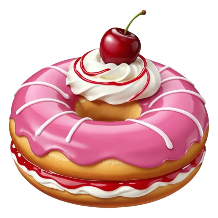 Round donut with smooth shade pink icing and thin white drizzle lines, golden-brown dough visible on the sides.
White whipped cream dollop in the center topped with a glossy red cherry and stem, clean studio lighting, pure white background, realistic minimal emoji-style. sticker