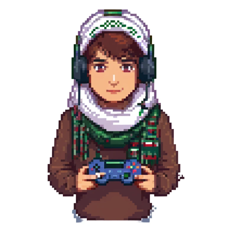pixel art of a Palestinian gamer with a headset, holding a game controller, with a keffiyeh pattern sticker
