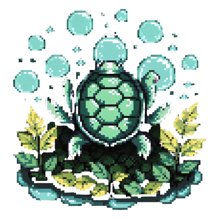 A turtle with a shell made of leaves and surrounded by floating bubbles sticker