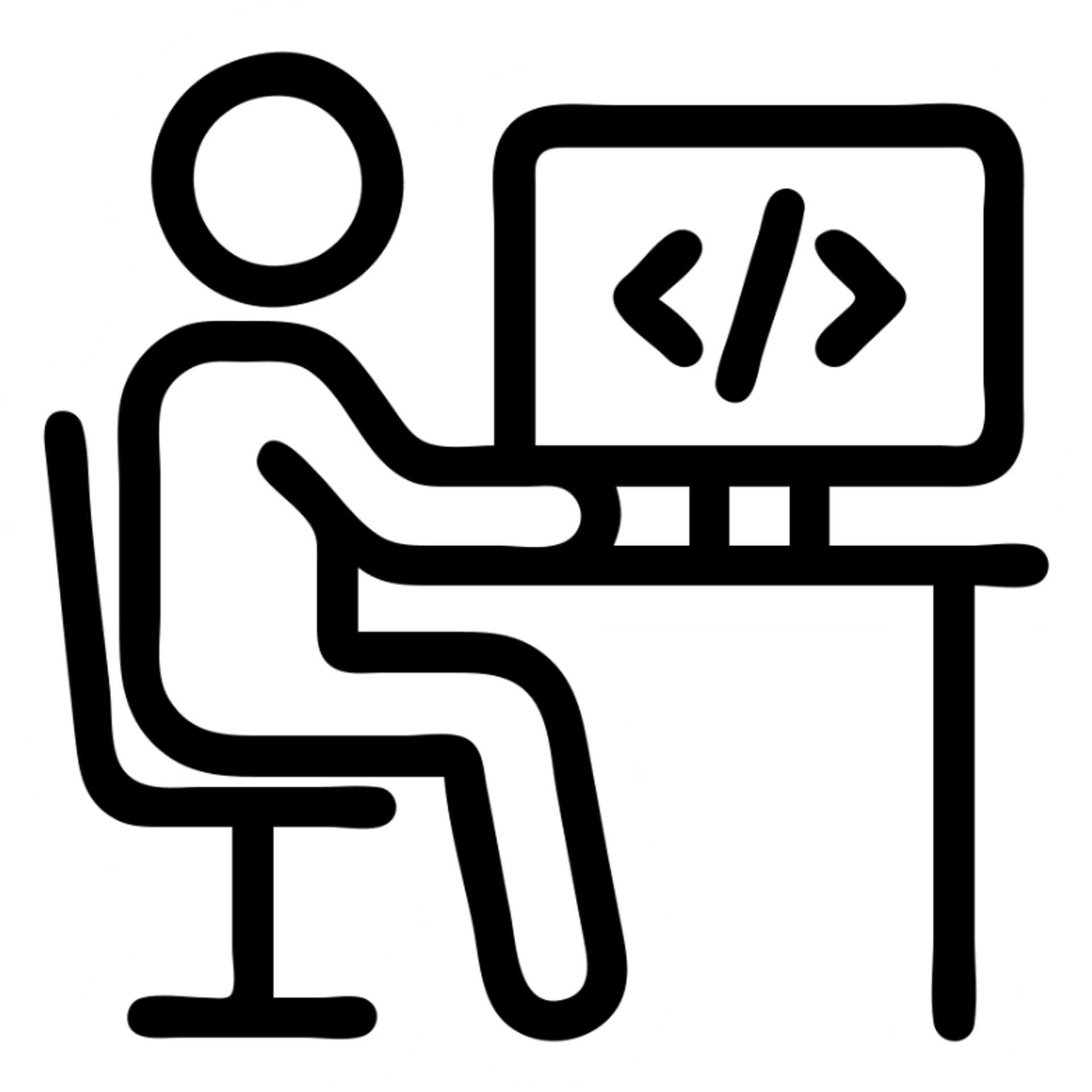 icon of a software engineer sitting at a desk with a computer, minimalist line style sticker