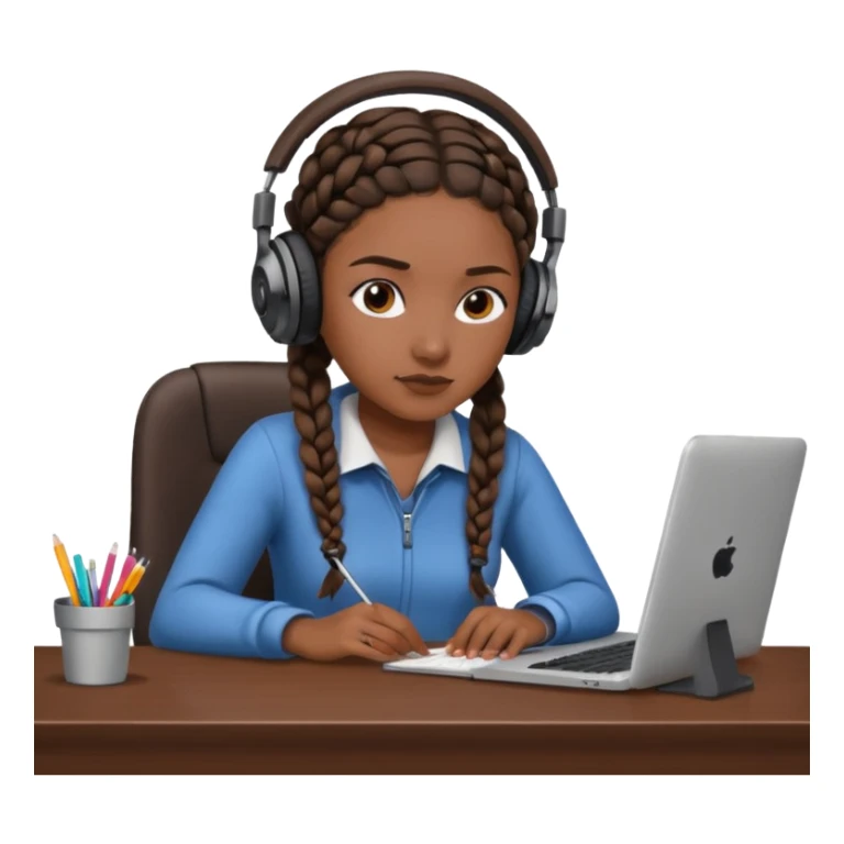 realistic dark brown skinned female with braids sitting at a desk with headphones on sticker