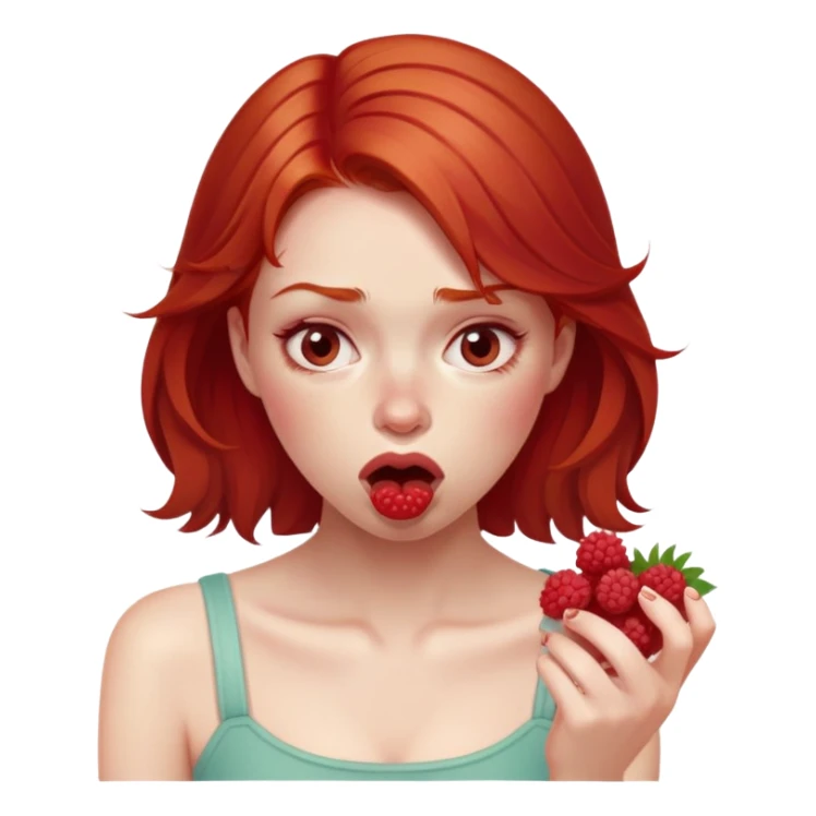 redhead girl with a displeased face eating raspberries sticker