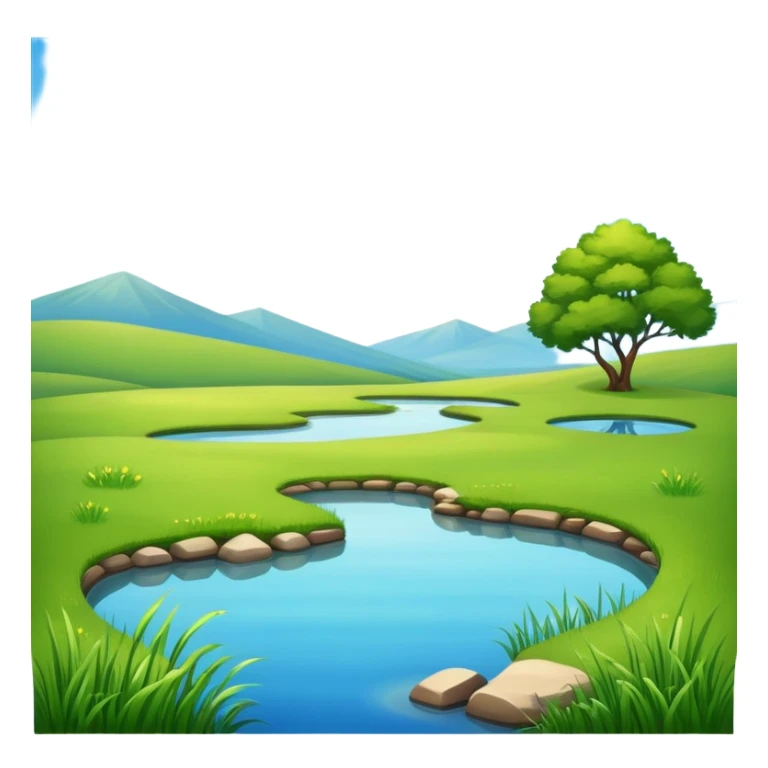 sunny landscape with green grass, blue sky, and a small pond sticker