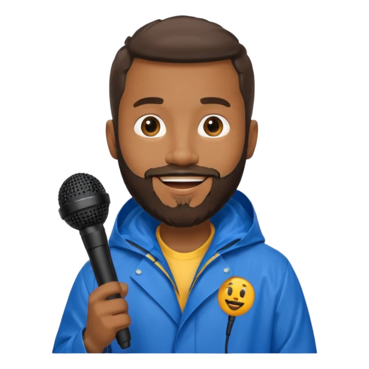 bearded black man with rain coat and microphone sticker