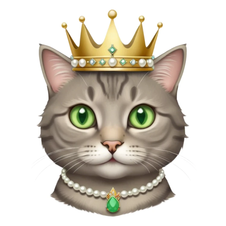 fluffy cool grey tabby cat with green eyes, white tummy, a simple pearl necklace and crown sticker