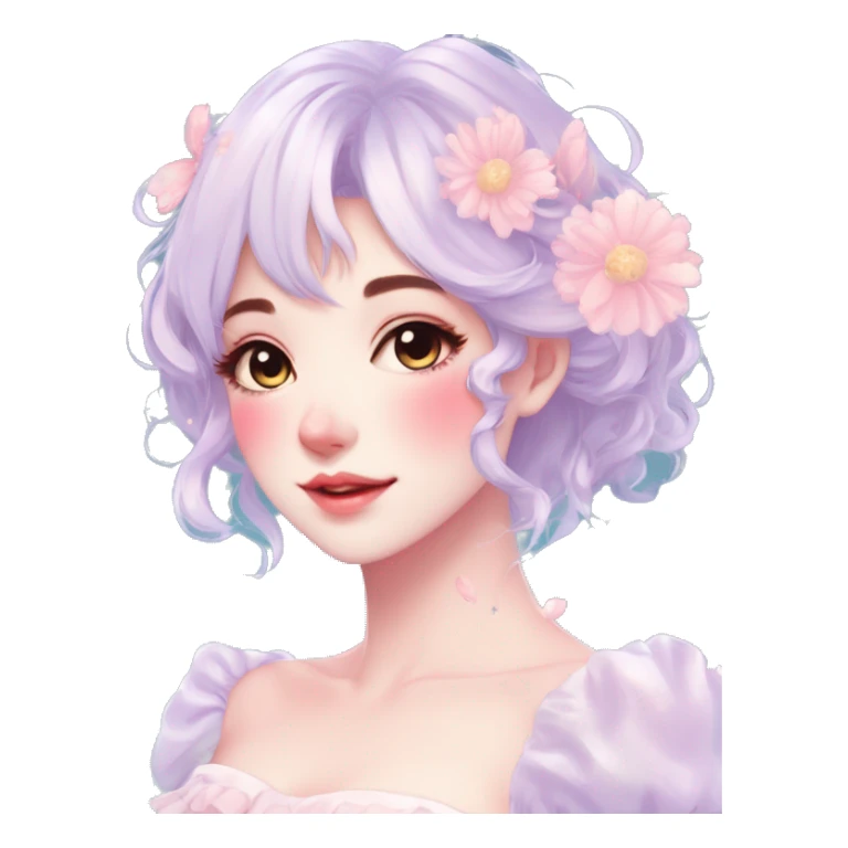Gorgeous pastel anime style lady with blushing face and flowers cottagecore fairycore pastelcore colorful pearly romantic simplistic aesthetic trending style sticker