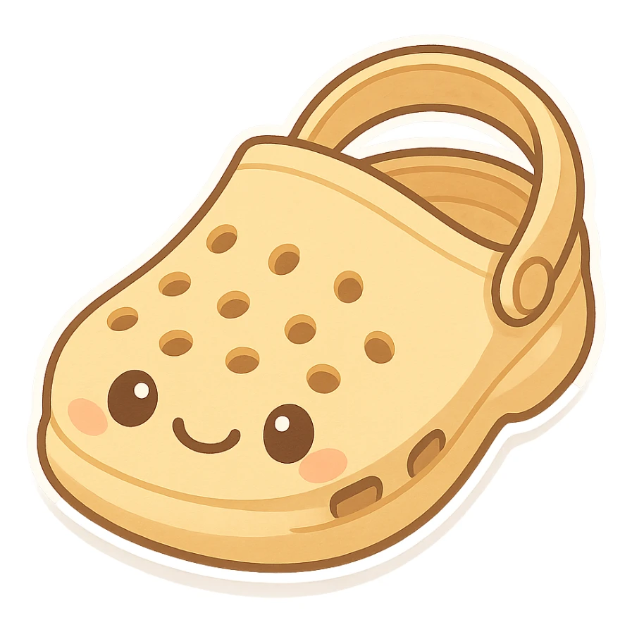 chibi sticker-style croc shoe with a smiling face, cute and exaggerated sticker