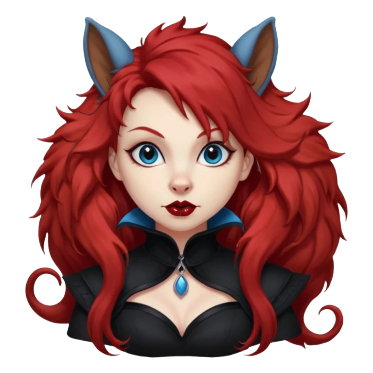  long super curly blood red hair (darker), red pointed squirrel ears with black trim, black goth outfits, body and face human, blue eyes, more pointy chin, black lipstick, one big fluffy red squirrel tail with black tips, close her mouth, less evil looking sticker