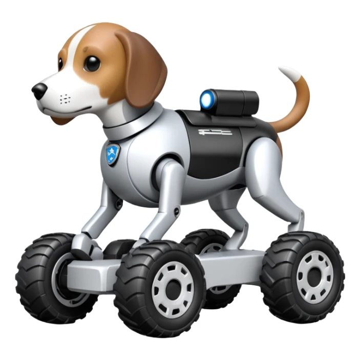 Very fast  jumping riot Boston Dynamics police robotic beagle Sherlock Holmes robodog with large off-road wheels  sticker