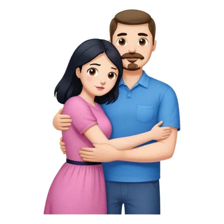 Tall strong white man with brown mustache goatee wearing blue hugging a chubby short pale woman with long black hair wearing pink sticker