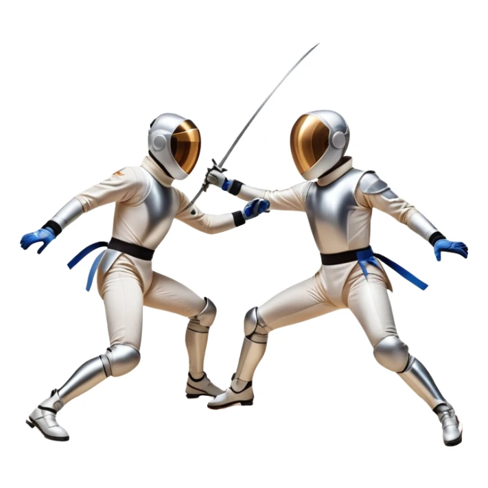 Two fencers in full protective gear duel on a professional piste, their foils clashing in mid-air. The background features a dynamic blur, symbolizing speed and precision. The scene is illuminated by bright arena lights, emphasizing the intensity of the match. Transparent background. sticker