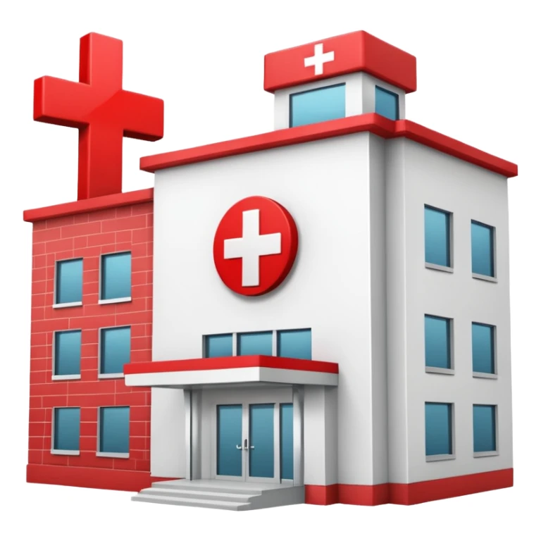 A hospital building with a red +. In PNG format. sticker