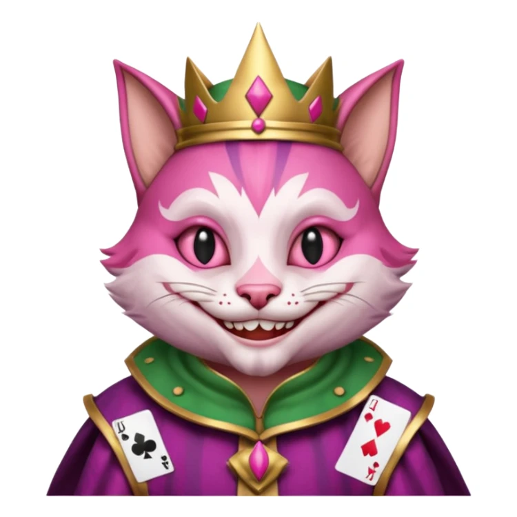 court jester cat medieval, single poker card joker clearly visible, pink, face only sticker