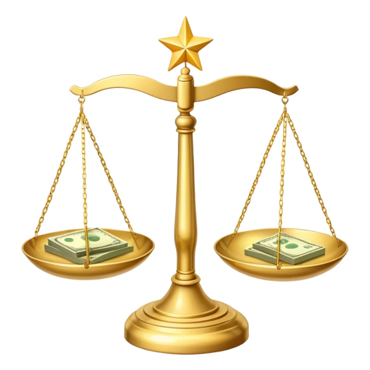 A shiny gold balance scale with dollar bills on the left side and three stars on the right side sticker