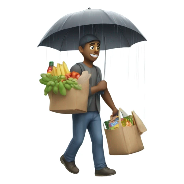 Guy bringing in groceries in the rain sticker