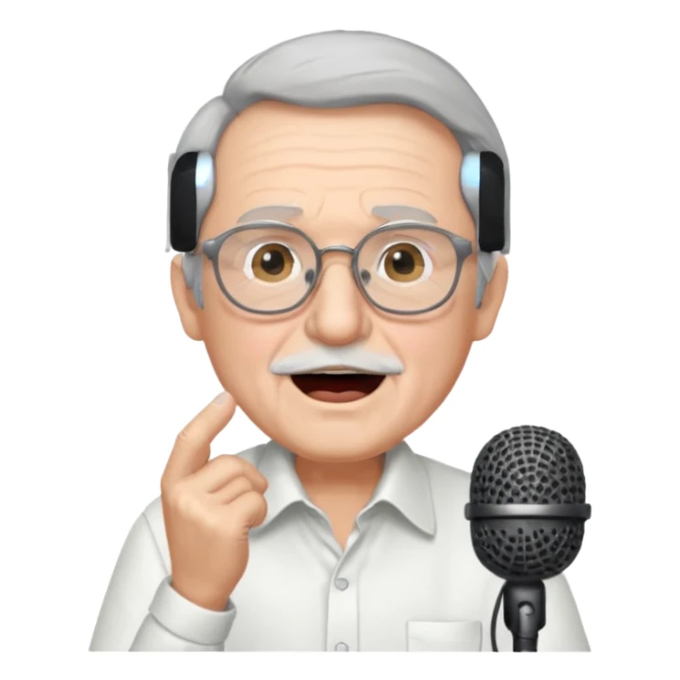 singer, Old man, singing to mic, white shirt glasses sticker