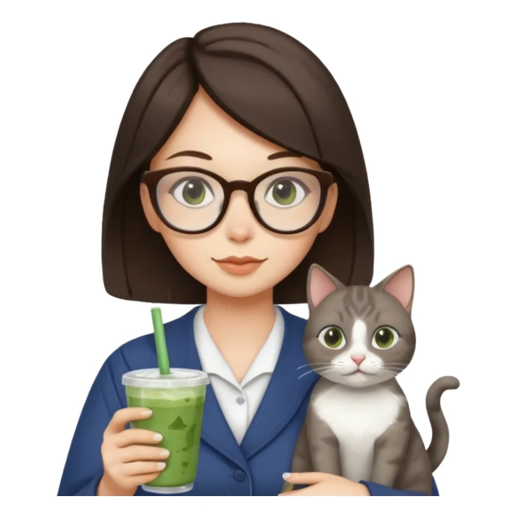 a brunette woman in here 30S drinking an iced matcha, carrying a grey cat and a map of the world sticker
