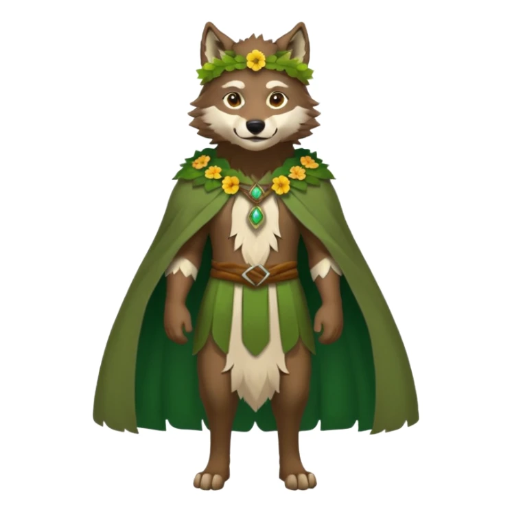 wolf dressed as a druid, flower crown, green cape, full body icon sticker