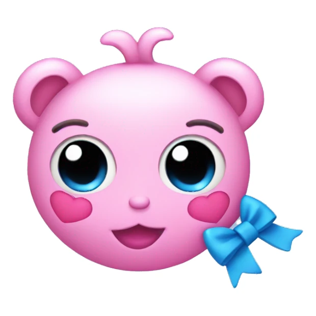 pink toy with heart eyes and a blue bow sticker