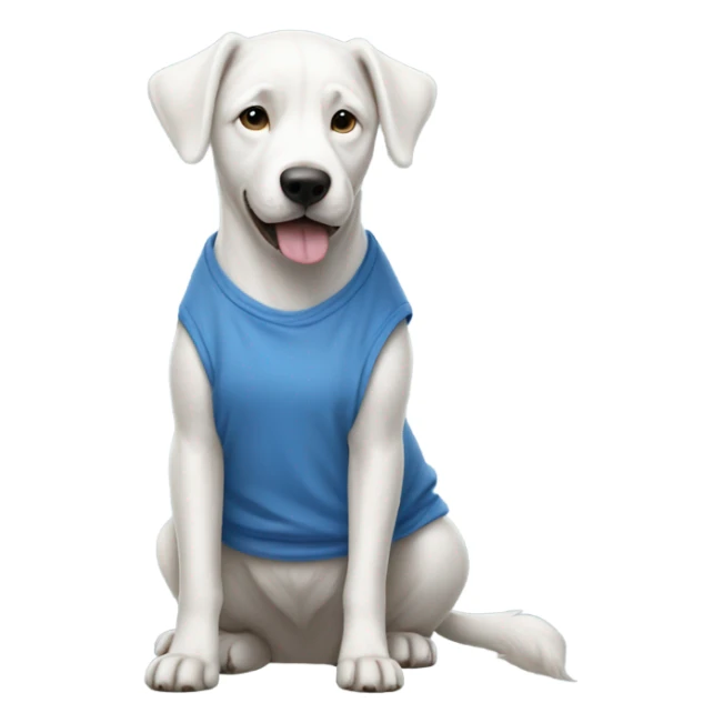 A fully white dog with a blue tank-top also with blue baggy jeans sticker