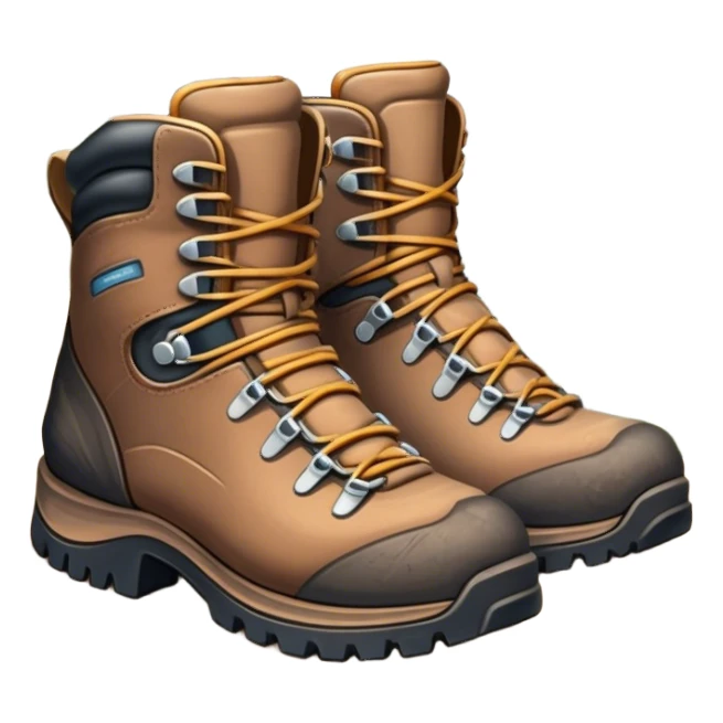 Cinematic Realistic Hiking Boots, well-worn leather boots resting on a rocky trail, scuffed edges and dirt-speckled laces adding character, glowing softly under the dappled sunlight filtering through the trees. sticker