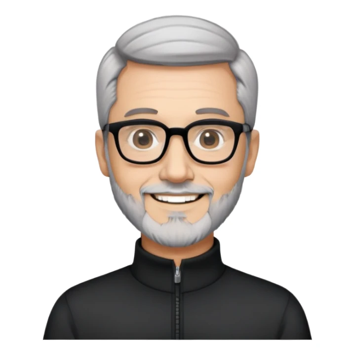 Man with light skin, short black hair styled up, short graying beard, large black-framed glasses, smiling face, black long sleeve mock neck shirt with zip sticker